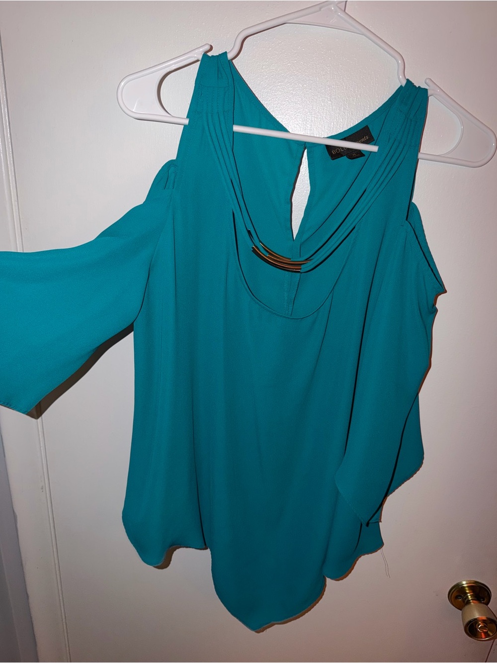 BOLD elements Teal Cold-Shoulder Blouse with Metal Accent